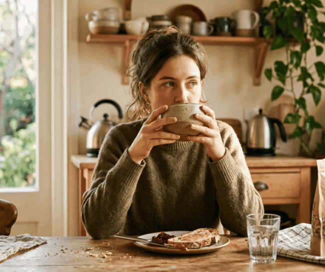 Femme Buvant Une Boisson Au Petit Dejeuner