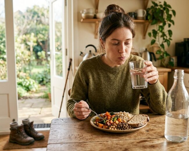 Femme Qui Boit Et Mange Des Fibres Pour Reduire Problemes Gastriques